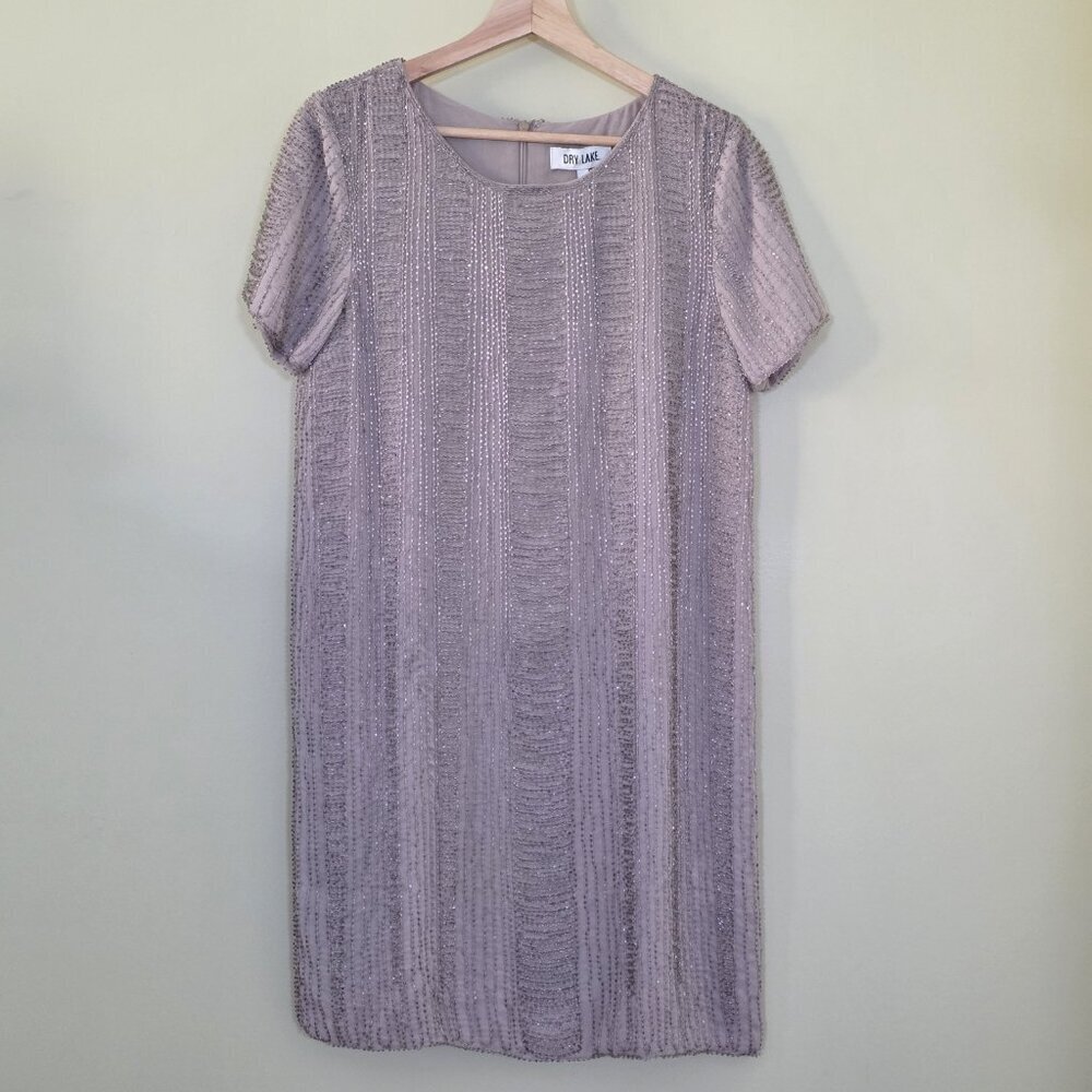 Dry Lake Beaded Dress Womens M Beige Stone Embellished SS Lined Party Cocktail
